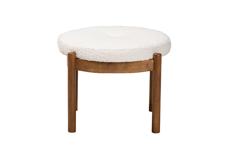 Geneva Japandi Cream Boucle Fabric and Walnut Brown Finished Rubberwood Ottoman Footstool