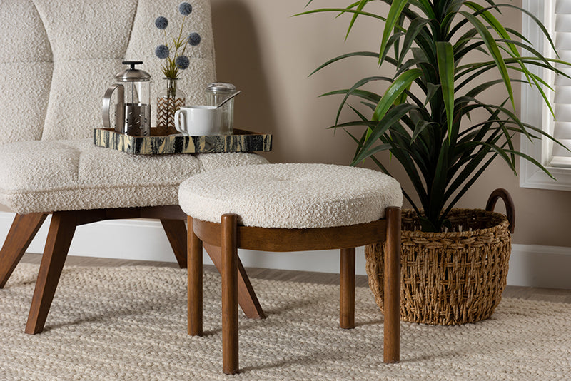 Geneva Japandi Cream Boucle Fabric and Walnut Brown Finished Rubberwood Ottoman Footstool