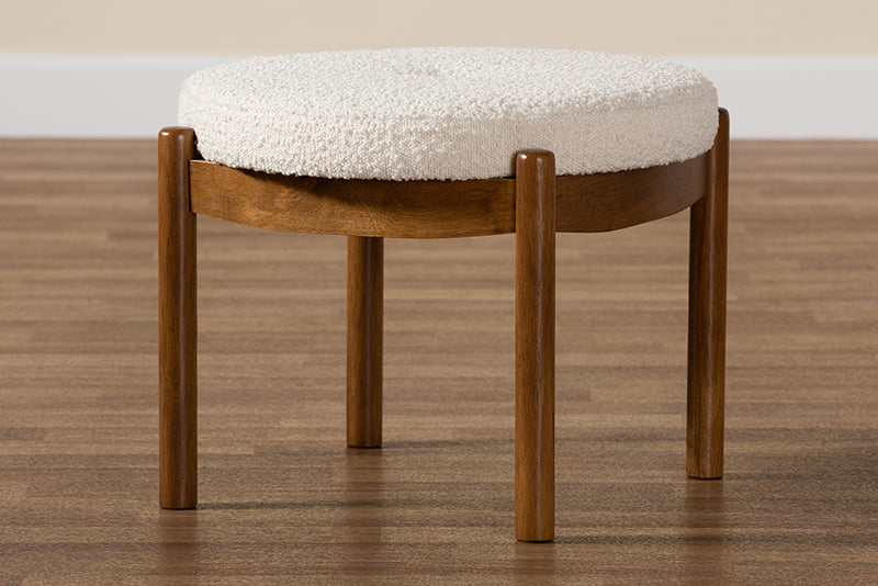 Geneva Japandi Cream Boucle Fabric and Walnut Brown Finished Rubberwood Ottoman Footstool