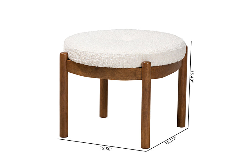 Geneva Japandi Cream Boucle Fabric and Walnut Brown Finished Rubberwood Ottoman Footstool