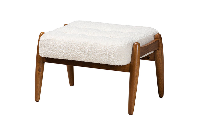 Clarke Japandi Cream Boucle Fabric and Walnut Brown Finished Rubberwood Ottoman Footstool