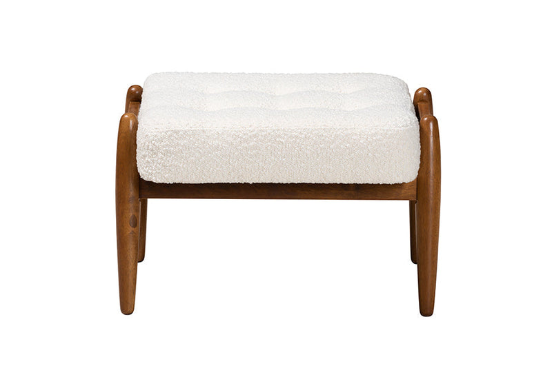 Clarke Japandi Cream Boucle Fabric and Walnut Brown Ottoman Footstool Baxton