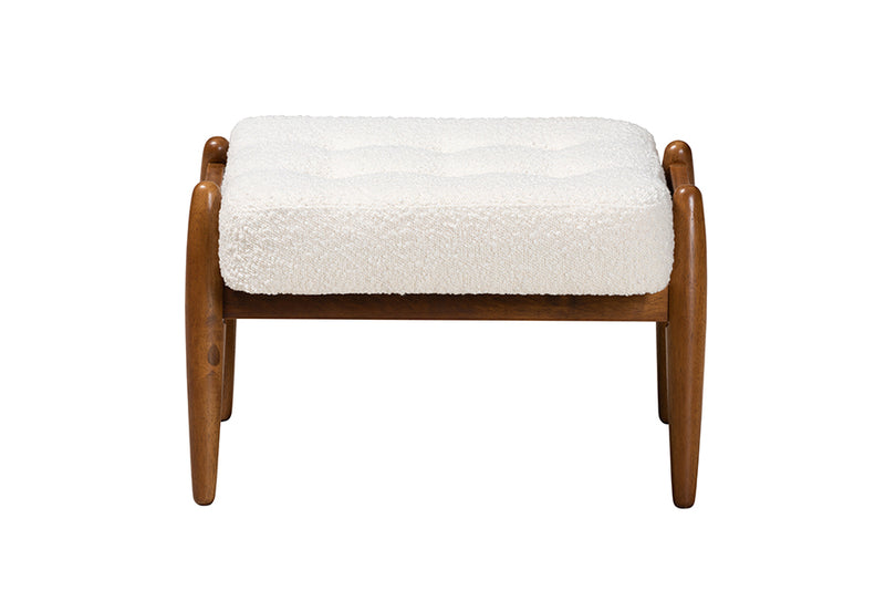 Clarke Japandi Cream Boucle Fabric and Walnut Brown Finished Rubberwood Ottoman Footstool