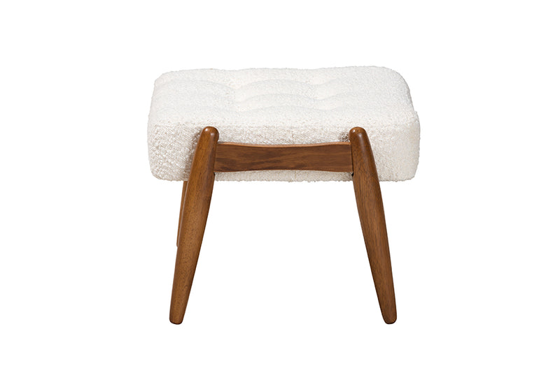 Clarke Japandi Cream Boucle Fabric and Walnut Brown Finished Rubberwood Ottoman Footstool