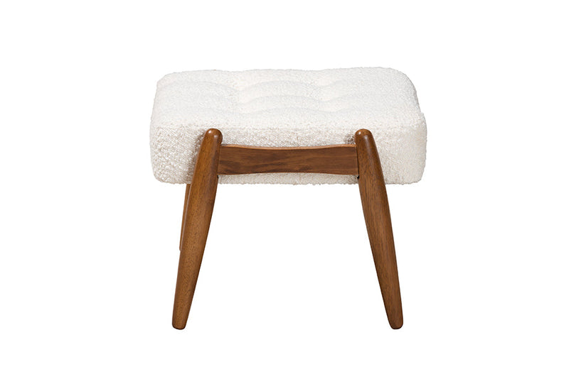 Clarke Japandi Cream Boucle Fabric and Walnut Brown Ottoman Footstool Baxton