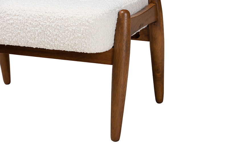 Clarke Japandi Cream Boucle Fabric and Walnut Brown Finished Rubberwood Ottoman Footstool