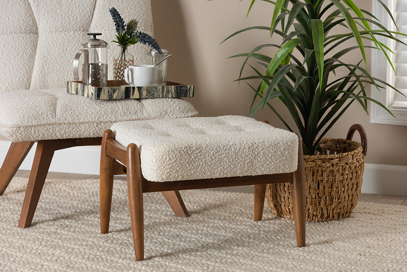 Clarke Japandi Cream Boucle Fabric and Walnut Brown Finished Rubberwood Ottoman Footstool