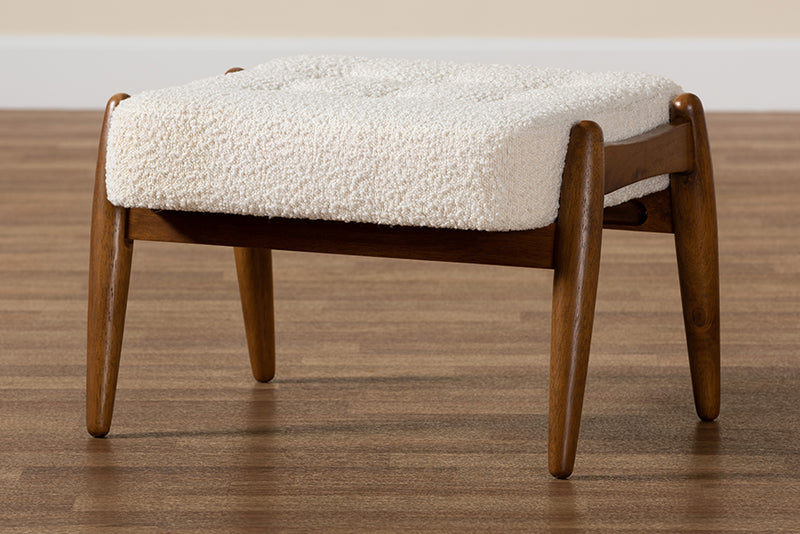 Clarke Japandi Cream Boucle Fabric and Walnut Brown Finished Rubberwood Ottoman Footstool