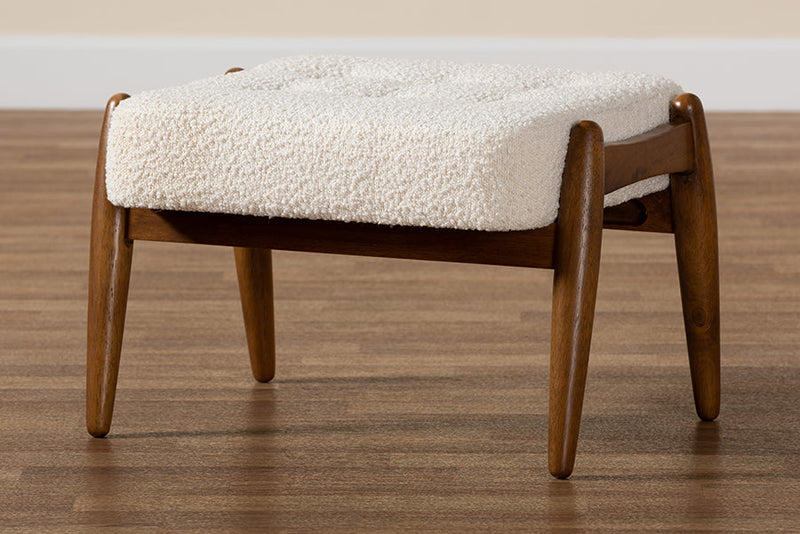Clarke Japandi Cream Boucle Fabric and Walnut Brown Ottoman Footstool Baxton