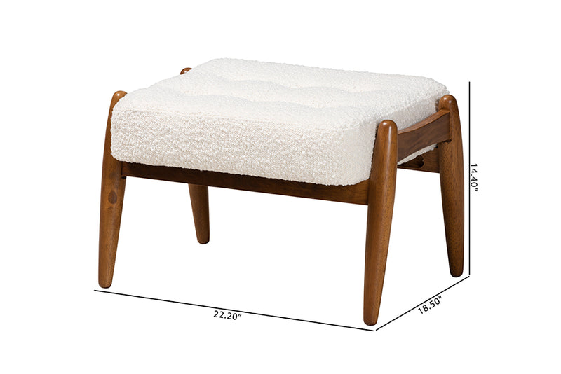 Clarke Japandi Cream Boucle Fabric and Walnut Brown Finished Rubberwood Ottoman Footstool