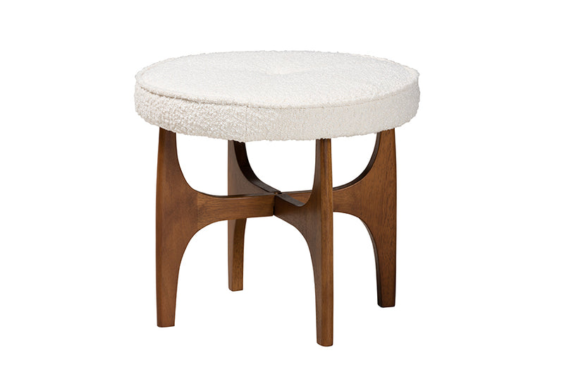 Porsha Japandi Cream Boucle Fabric and Walnut Brown Finished Rubberwood Ottoman Footstool