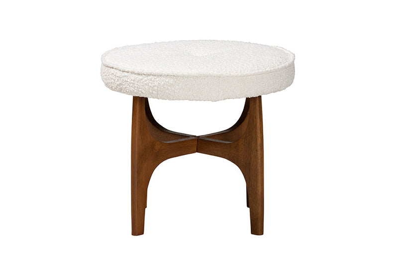 Porsha Japandi Cream Boucle Fabric and Walnut Brown Ottoman Footstool Baxton