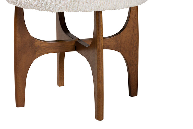 Porsha Japandi Cream Boucle Fabric and Walnut Brown Ottoman Footstool Baxton