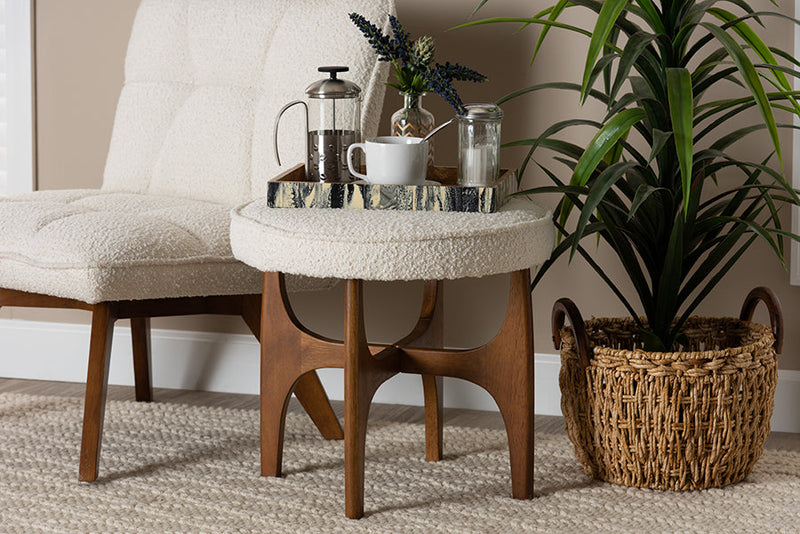 Porsha Japandi Cream Boucle Fabric and Walnut Brown Ottoman Footstool Baxton