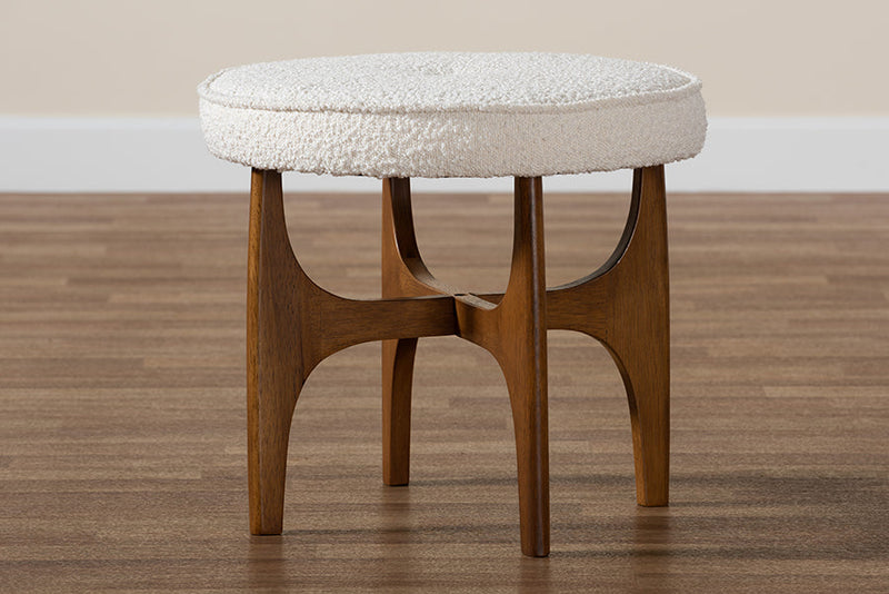Porsha Japandi Cream Boucle Fabric and Walnut Brown Ottoman Footstool Baxton