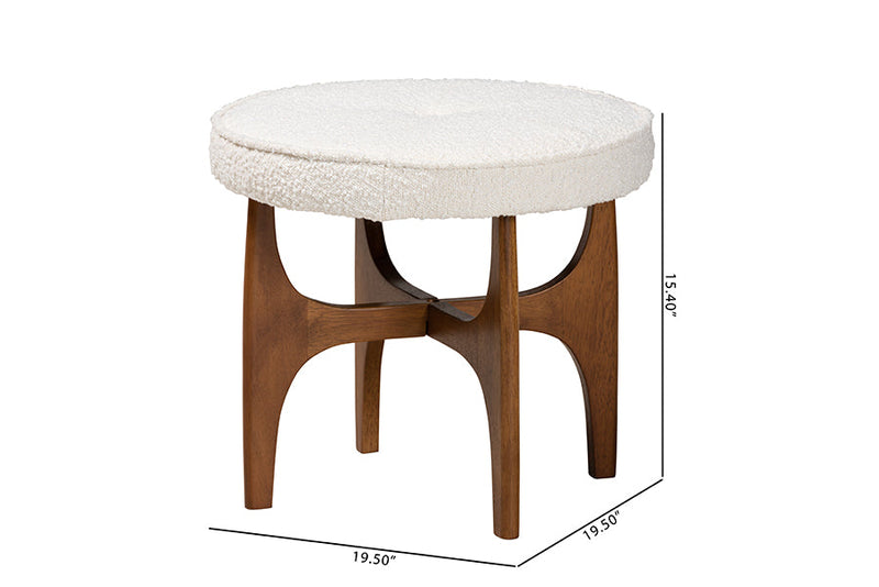 Porsha Japandi Cream Boucle Fabric and Walnut Brown Ottoman Footstool Baxton