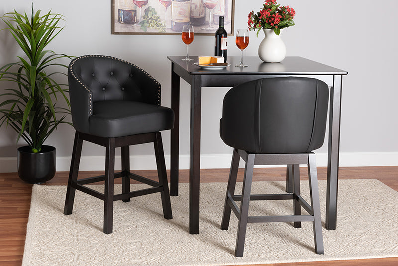 Olson Mid-Century Black Faux Leather and Espresso Brown Finished Wood 2-Piece Swivel Counter Stool Set