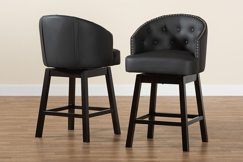 Olson Mid-Century Black Faux Leather and Espresso Brown Finished Wood 2-Piece Swivel Counter Stool Set