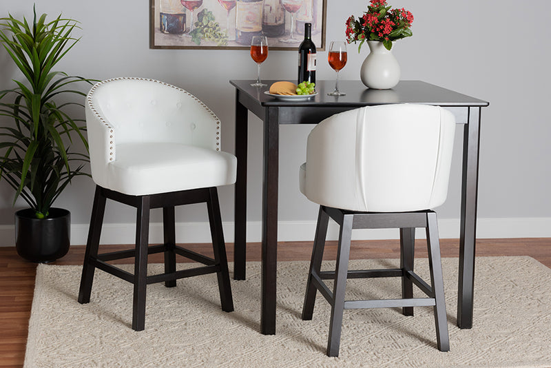 Olson Mid-Century White Faux Leather and Espresso Brown Finished Wood 2-Piece Swivel Counter Stool Set