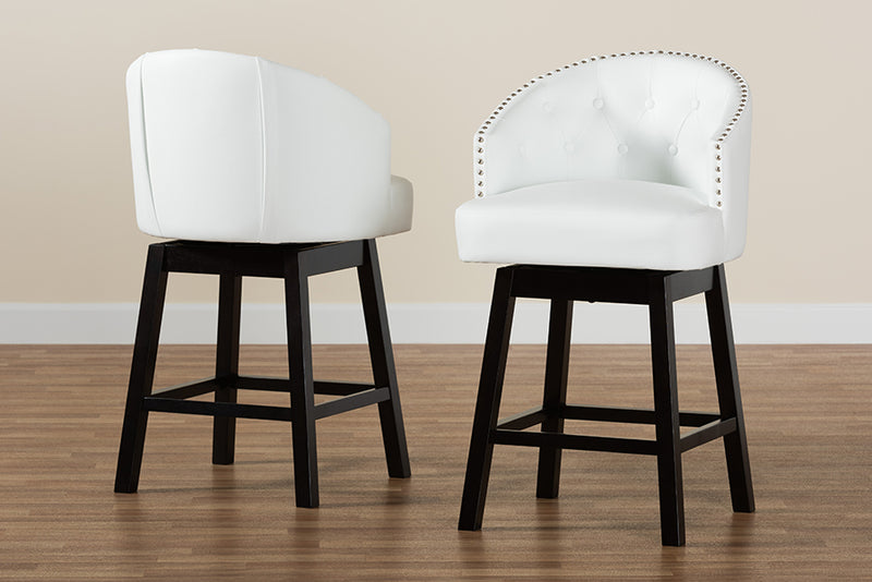 Olson Mid-Century White Faux Leather and Espresso Brown Finished Wood 2-Piece Swivel Counter Stool Set