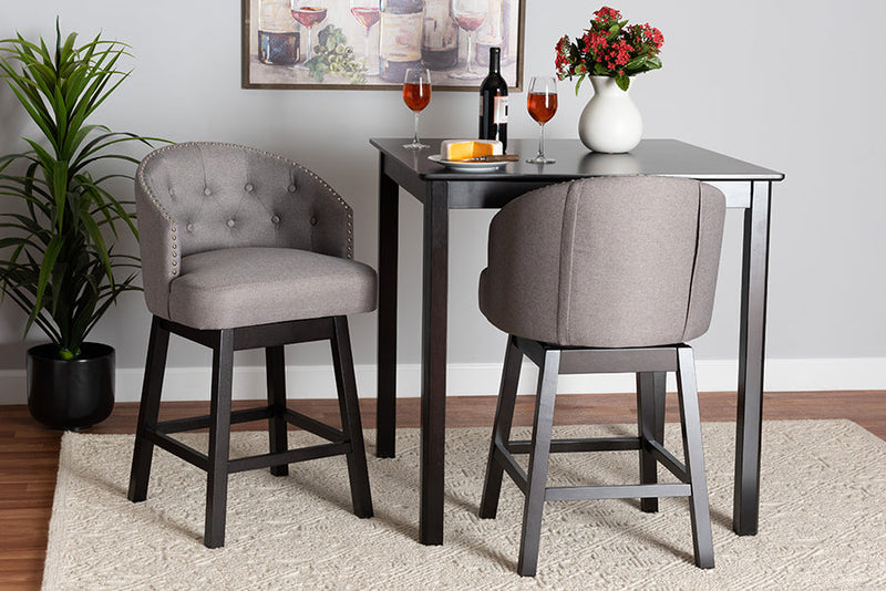 Olson Gray Fabric and Espresso Brown 2Pc Swivel Counter Stool Set Baxton