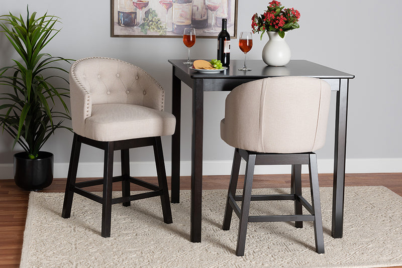 Olson Mid-Century Light Beige Fabric and Espresso Brown Finished Wood 2-Piece Swivel Counter Stool Set