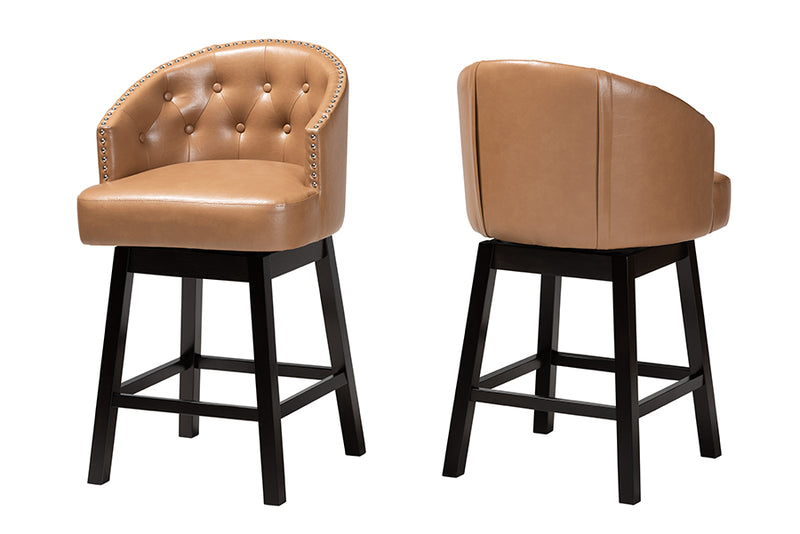 Olson Mid-Century Tan Faux Leather and Espresso Brown Finished Wood 2-Piece Swivel Counter Stool Set