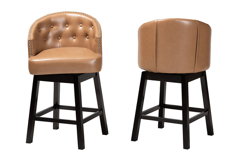 Olson Mid-Century Tan Faux Leather and Espresso Brown Finished Wood 2-Piece Swivel Counter Stool Set