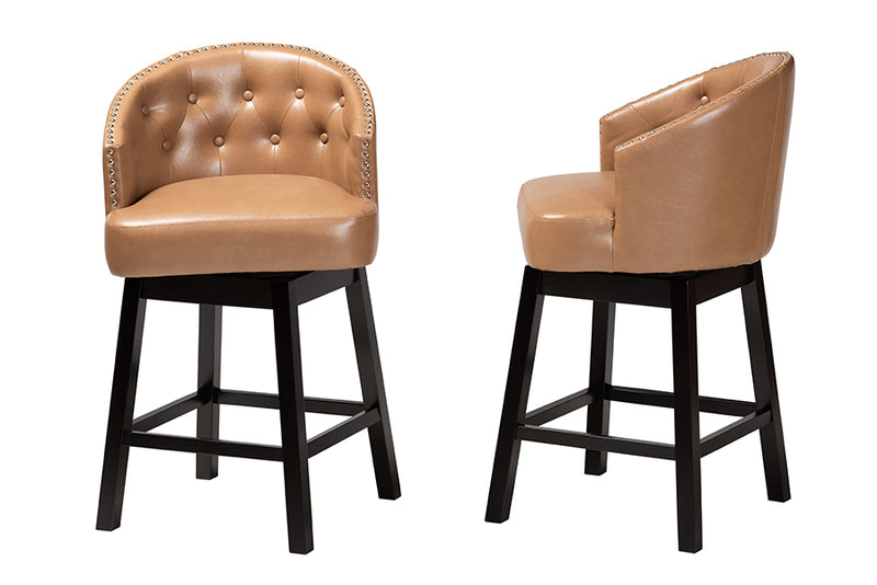 Olson Mid-Century Tan Faux Leather and Espresso Brown Finished Wood 2-Piece Swivel Counter Stool Set