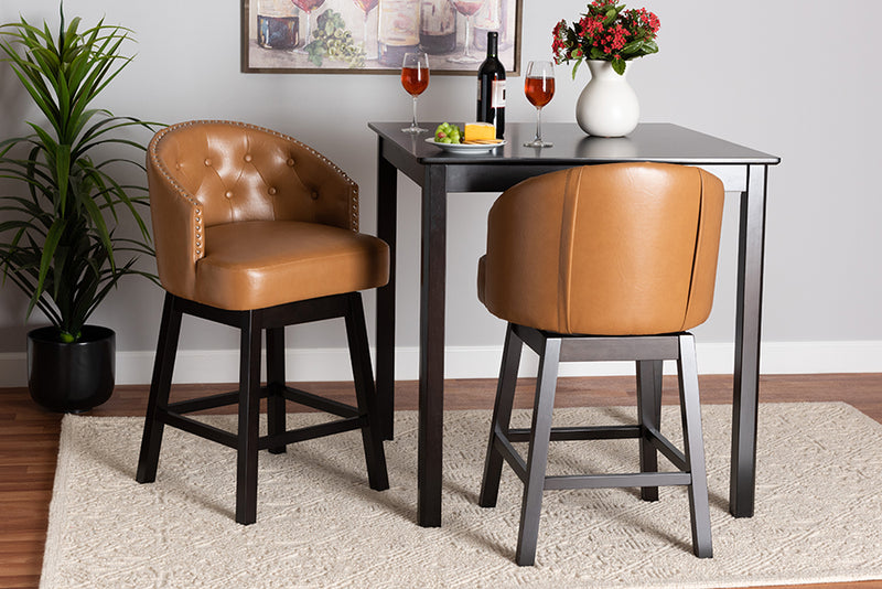 Olson Mid-Century Tan Faux Leather and Espresso Brown Finished Wood 2-Piece Swivel Counter Stool Set