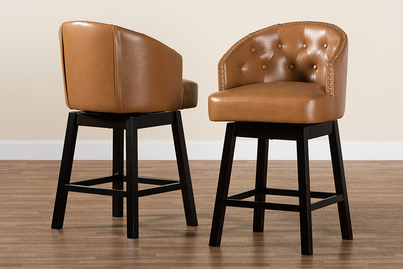 Olson Mid-Century Tan Faux Leather and Espresso Brown Finished Wood 2-Piece Swivel Counter Stool Set