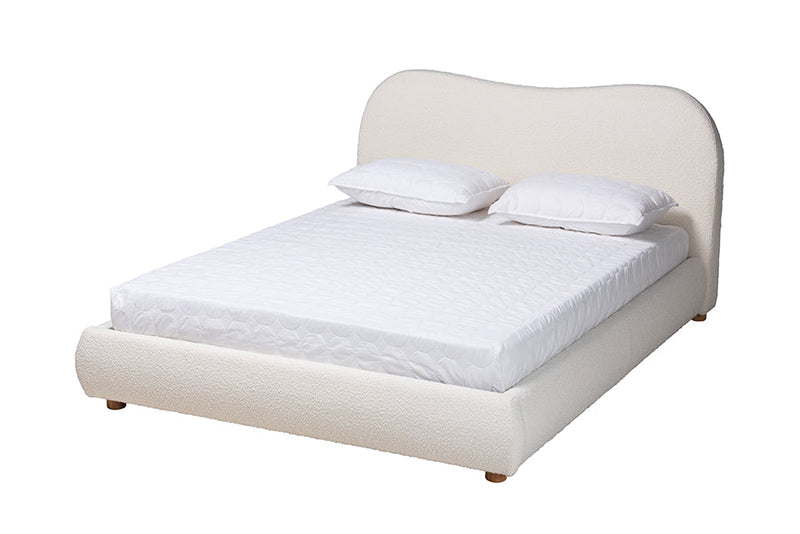Linn Cream Boucle Fabric and Oak Brown Queen Size Platform Bed Baxton