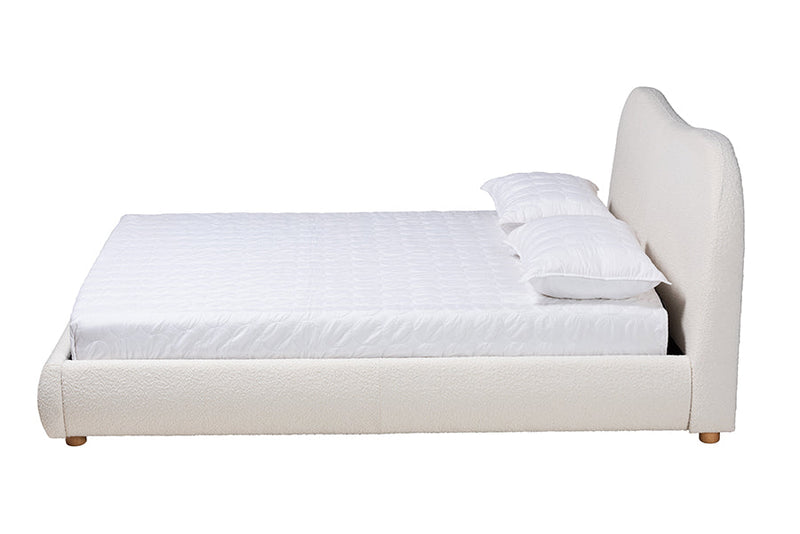Linn Cream Boucle Fabric and Oak Brown Queen Size Platform Bed Baxton