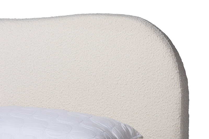 Linn Cream Boucle Fabric and Oak Brown Queen Size Platform Bed Baxton