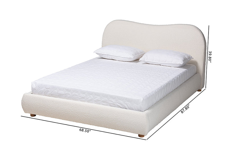 Linn Cream Boucle Fabric and Oak Brown Queen Size Platform Bed Baxton