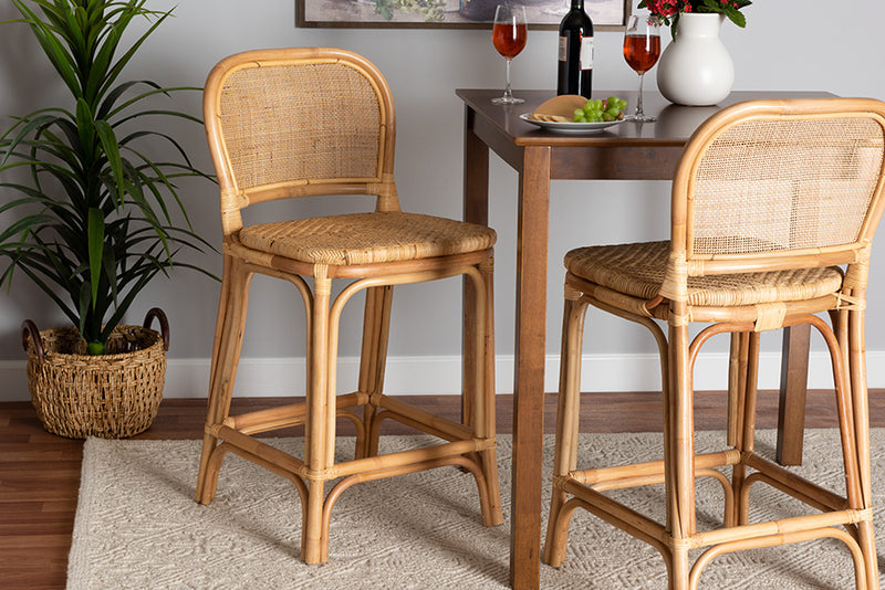 Cardiff Modern Bohemian Natural Brown Rattan Counter Stool