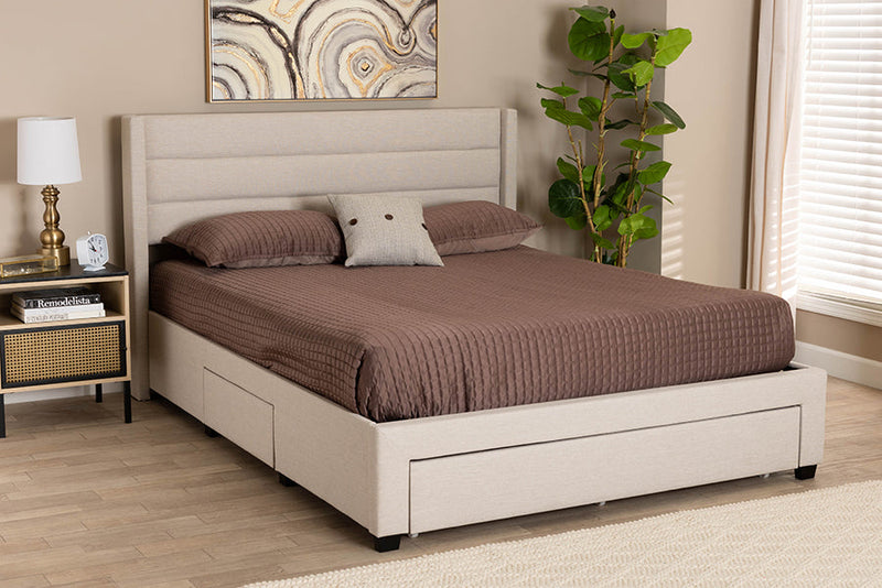 Alba Beige Fabric and Dark Brown Full Size 3-Drawer Storage Platform Bed Baxton