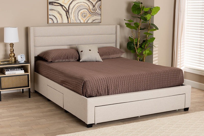 Alba Mid-Century Beige Fabric and Dark Brown Finished Wood Queen Size 3-Drawer Storage Platform Bed