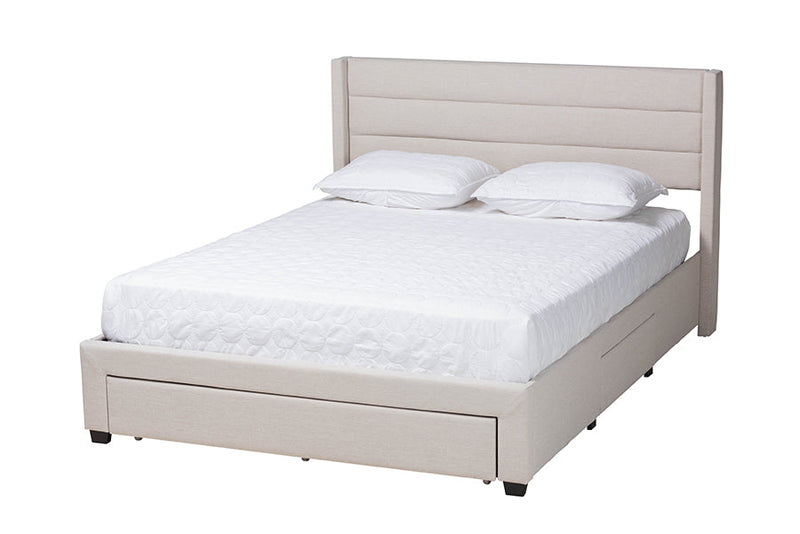 Alba Beige Fabric and Dark Brown Queen Size 3-Drawer Storage Platform Bed Baxton