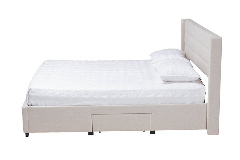 Alba Beige Fabric and Dark Brown Queen Size 3-Drawer Storage Platform Bed Baxton