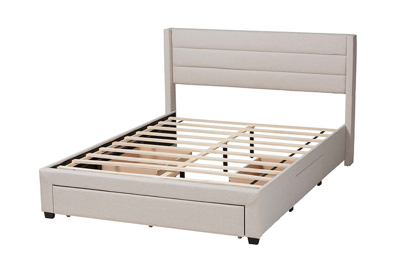 Alba Beige Fabric and Dark Brown Queen Size 3-Drawer Storage Platform Bed Baxton