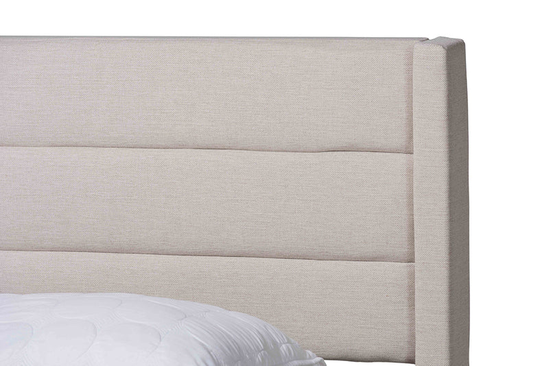 Alba Mid-Century Beige Fabric and Dark Brown Finished Wood Queen Size 3-Drawer Storage Platform Bed