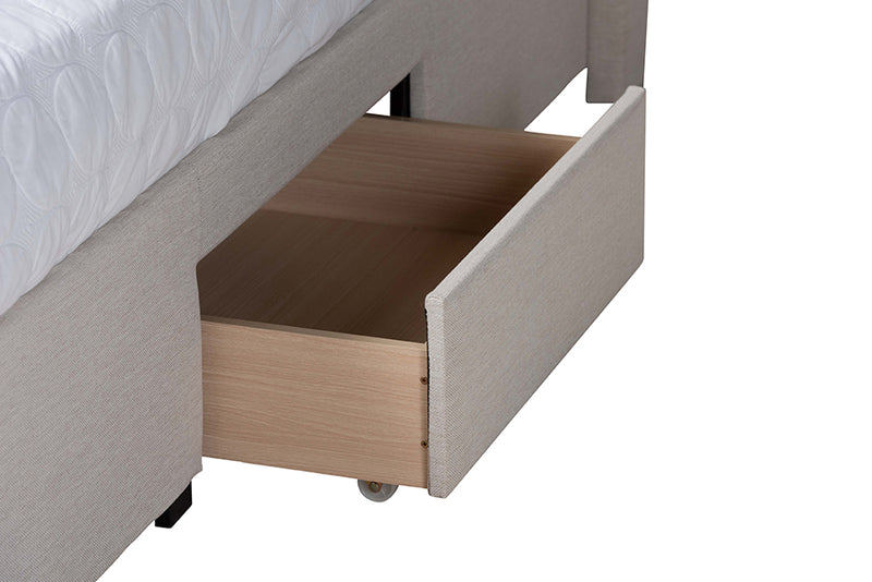 Alba Mid-Century Beige Fabric and Dark Brown Finished Wood Queen Size 3-Drawer Storage Platform Bed