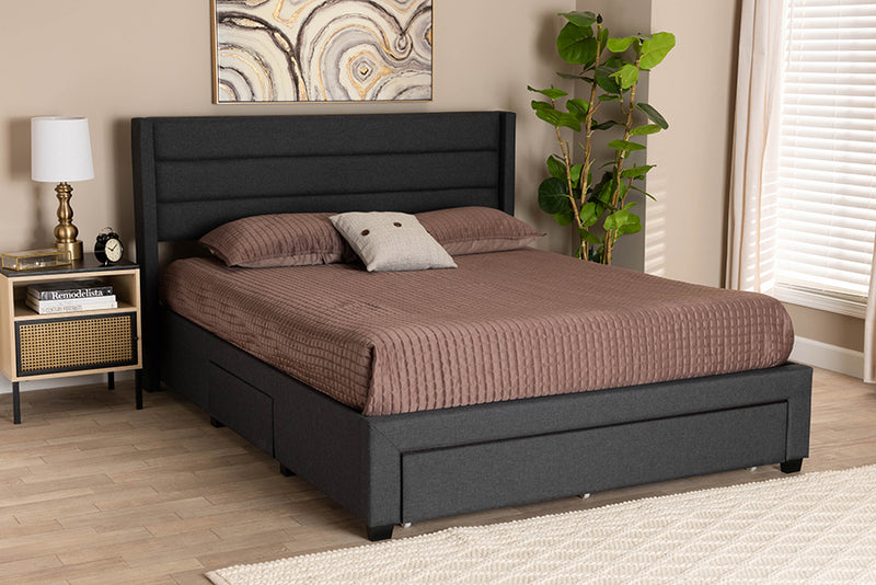 Alba Mid-Century Charcoal Gray Fabric and Dark Brown Finished Wood Queen Size 3-Drawer Storage Platform Bed