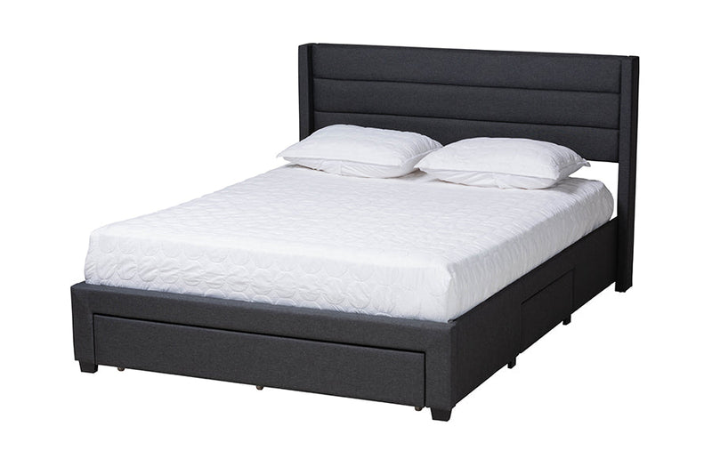 Alba Charcoal Gray Fabric and Dark Brown Full Size 3-Drawer Storage Platform Bed Baxton