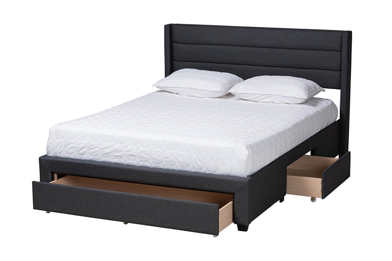 Alba Mid-Century Charcoal Gray Fabric and Dark Brown Finished Wood Queen Size 3-Drawer Storage Platform Bed