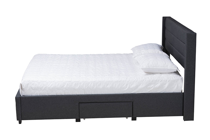 Alba Mid-Century Charcoal Gray Fabric and Dark Brown Finished Wood Queen Size 3-Drawer Storage Platform Bed