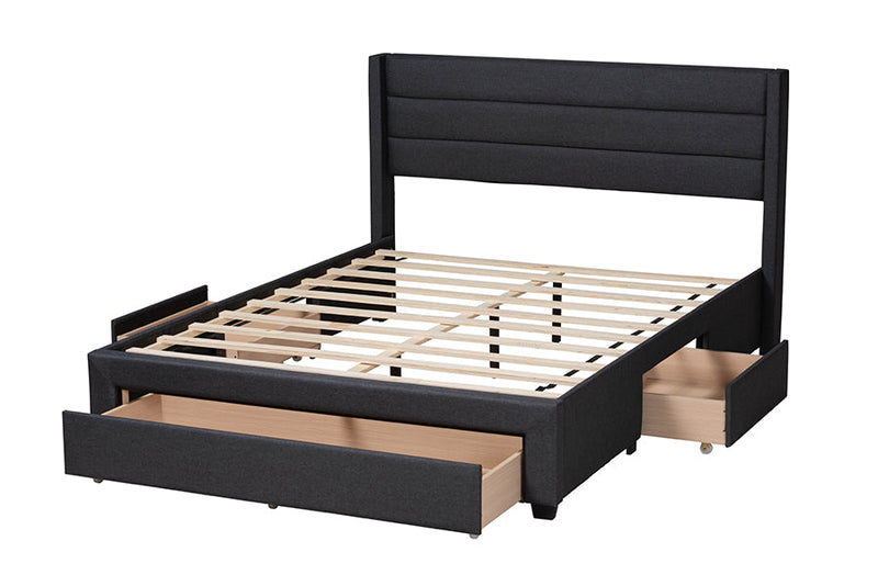 Alba Charcoal Gray Fabric and Dark Brown Full Size 3-Drawer Storage Platform Bed Baxton