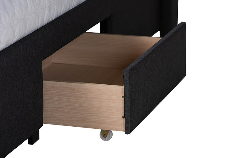 Alba Charcoal Gray Fabric and Dark Brown Queen Size 3-Drawer Storage Bed Baxton