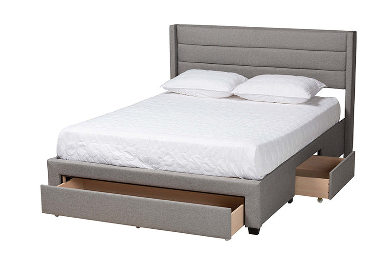 Alba Light Gray Fabric and Dark Brown Queen Size 3-Drawer Storage Platform Bed Baxton